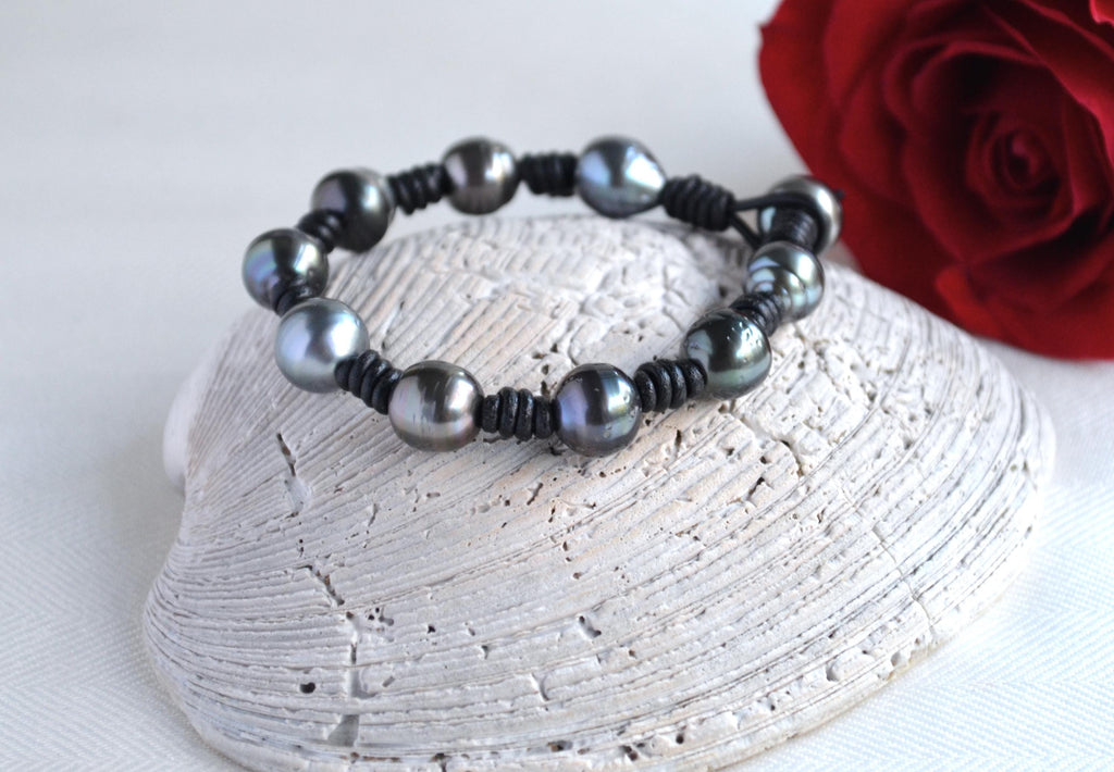 Tahitian Pearl Bracelet: Black Greek Leather, Boho Jewelry
