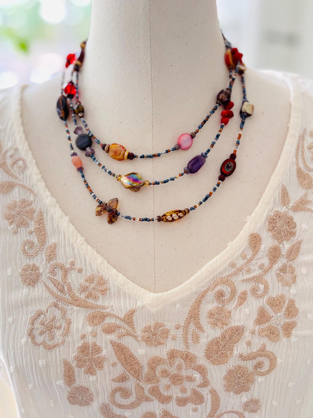 Boho Gemstone Lariat Necklace: Red Coral, Pearl & Abalone