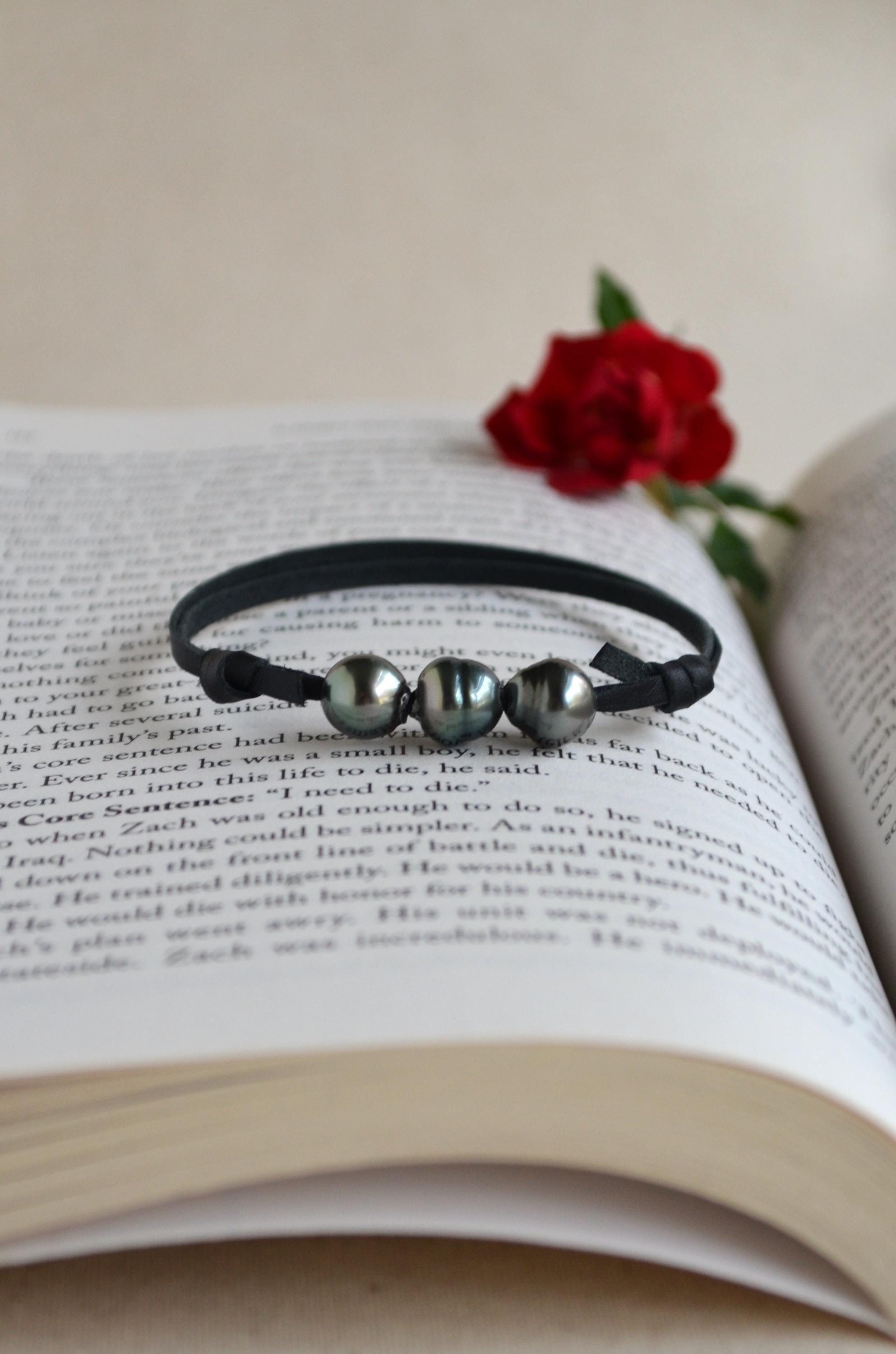 Three Tahitian Pearls Bracelet: Black Australian Leather Adjustable Bracelet