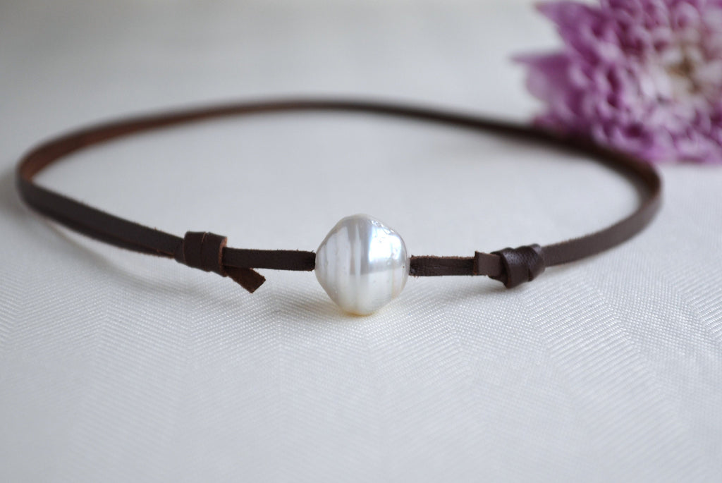 Rare White Tahitian Pearl Choker: Brown Leather Surf Jewelry UNISEX