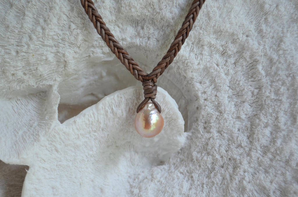 Edison Pearl Leather Necklace, Hand Braided 5-Cord Necklace, Pink Pearl Pendant 12x15 mm, Minimalist Luxury, 16” long + 2" Extender
