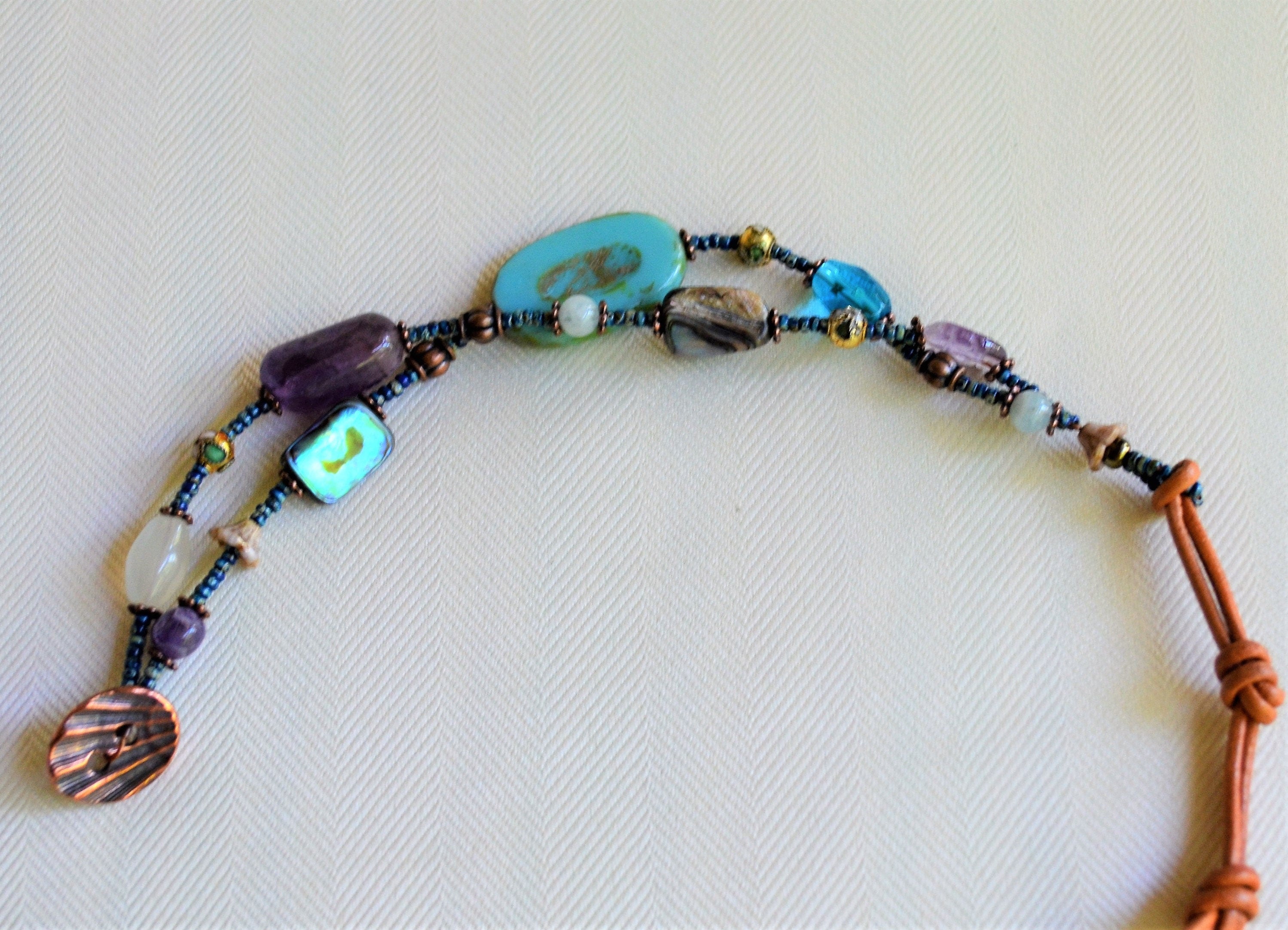 Multi-Color Bead Leather Wrap Bracelet: Amethyst, Moonstone, Agate