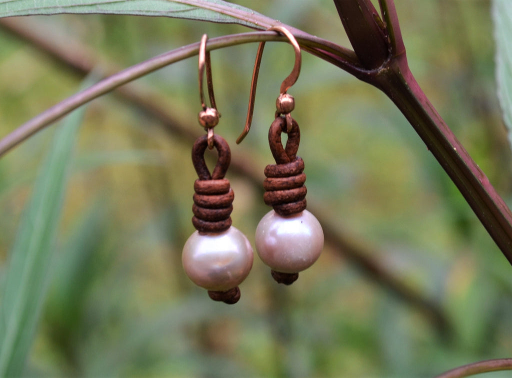 Pearl Leather Earrings: Freshwater Pearls, Boho Dangle Earrings