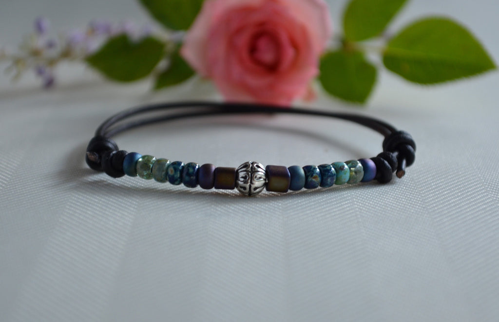 Unisex Picasso Czech Beaded Bracelet, Knotted Leather Bracelet for Him Her