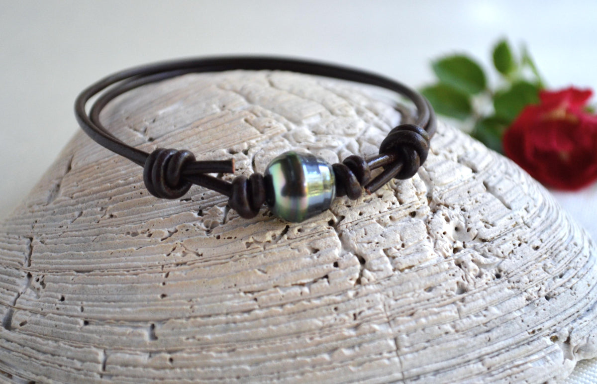 Tahitian Pearl Bracelet: Brown Greek Leather Adjustable Unisex Jewelry
