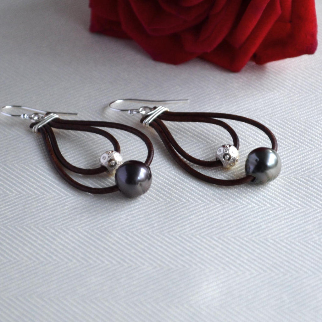 Tahitian Pearl Leather Hoop Earrings: Sterling Silver, Elegant Dangle Jewelry
