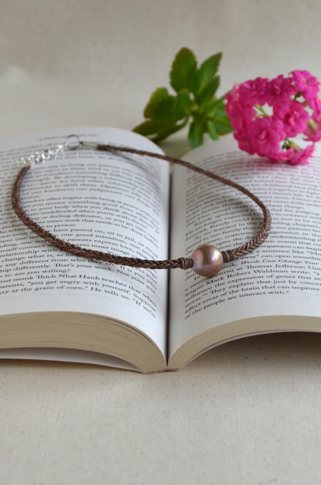 15mm Pink Edison Pearl Necklace, Braided Leather Choker, Mauve Lavender Pearl Jewelry
