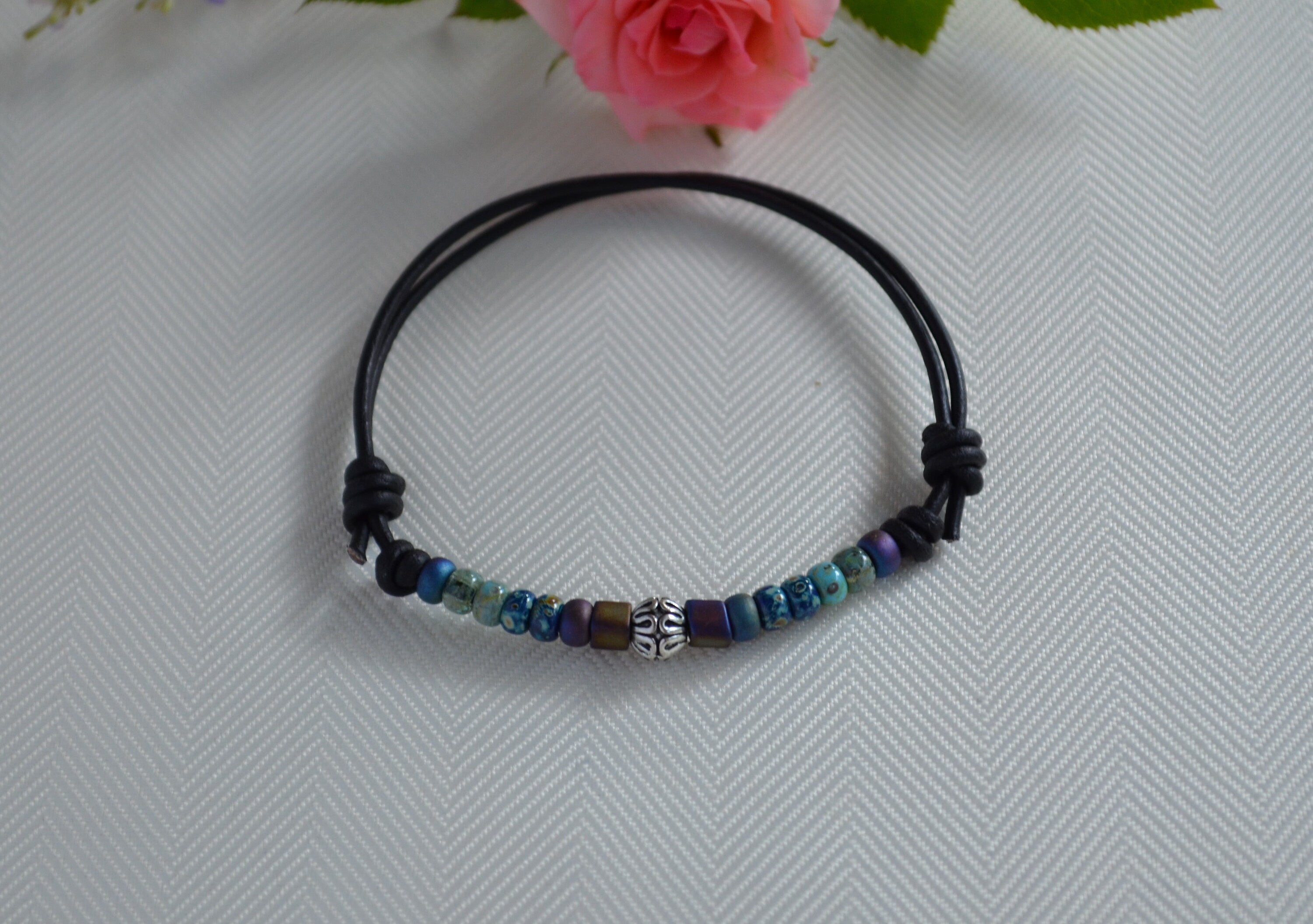 Unisex Picasso Czech Beaded Bracelet, Knotted Leather Bracelet for Him Her