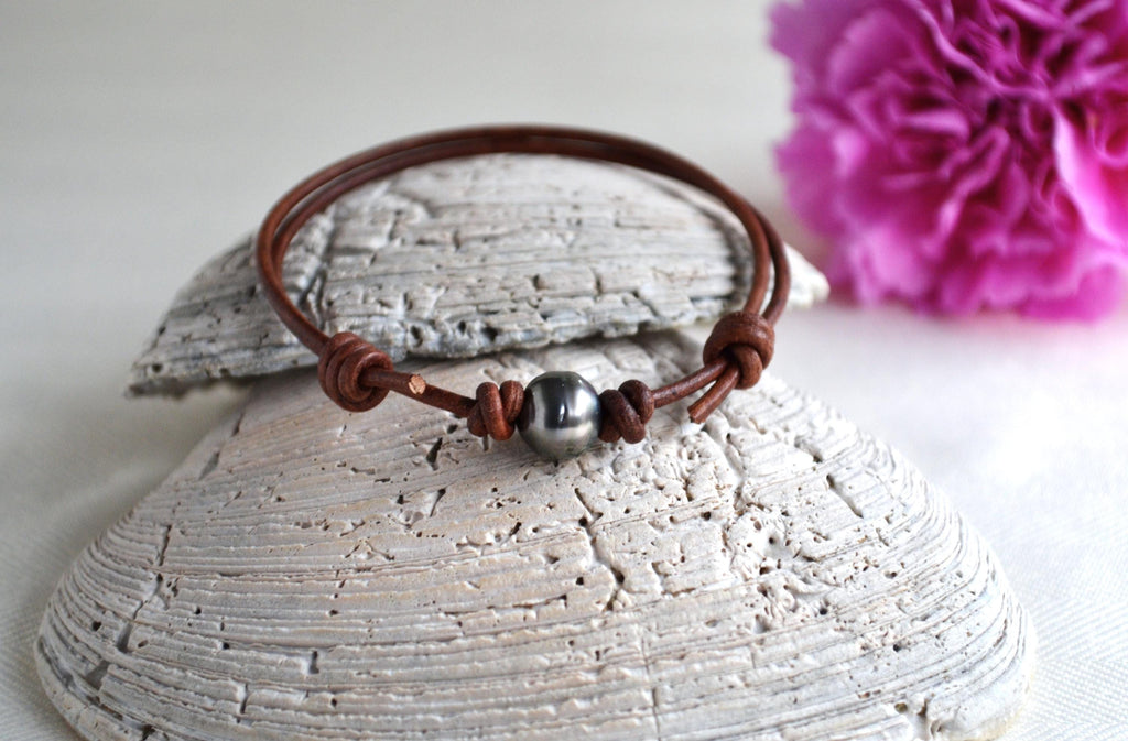Tahitian Pearl Bracelet: Light Brown Greek Leather, Adjustable