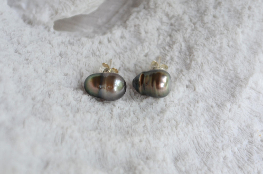 Tahitian Pearl Stud Earrings: Baroque Sterling Silver Jewelry