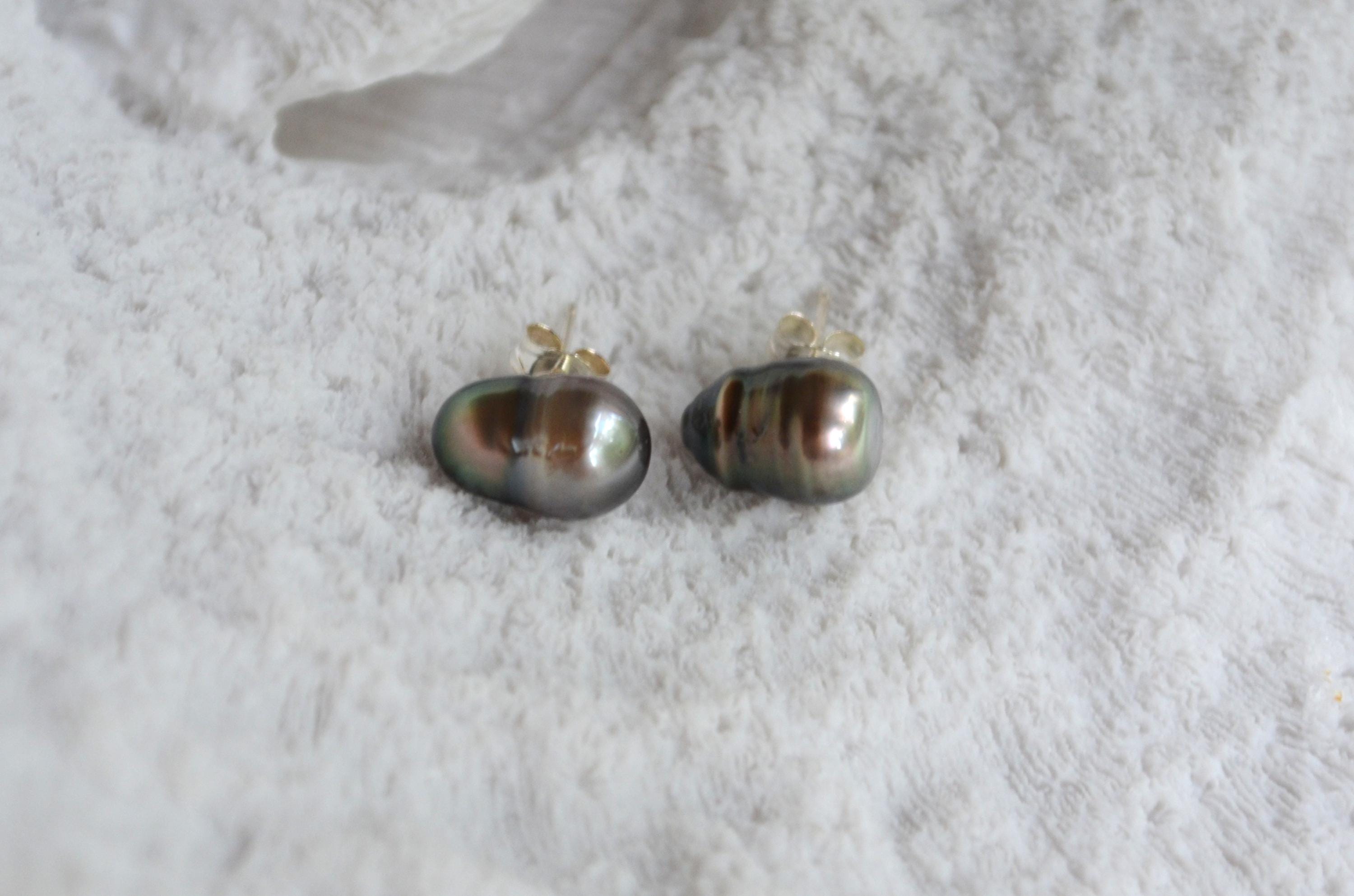 Tahitian Pearl Stud Earrings: Baroque Sterling Silver Jewelry