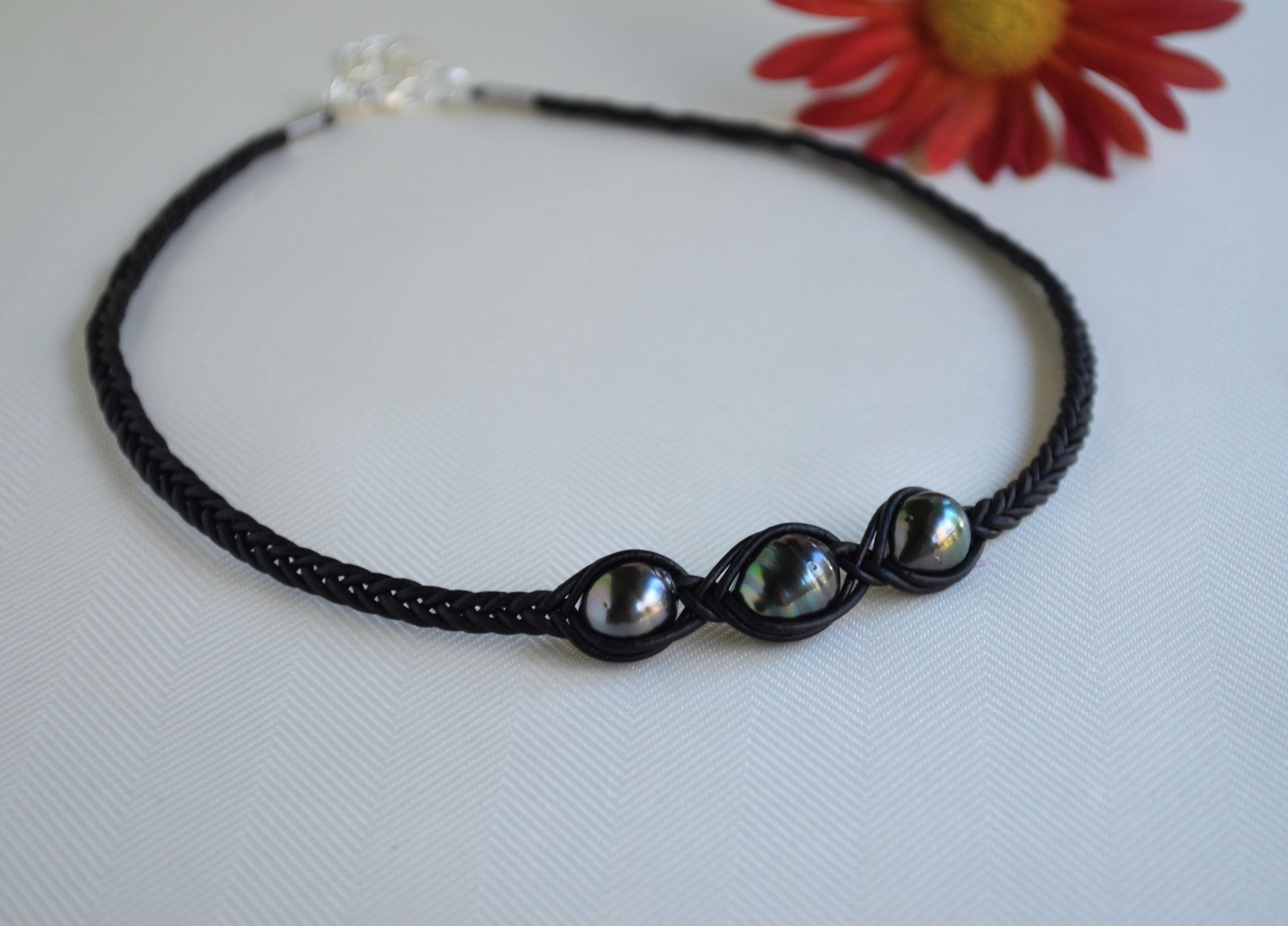 Tahitian Pearl Necklace: Three Stone Braided Black Leather Jewelry