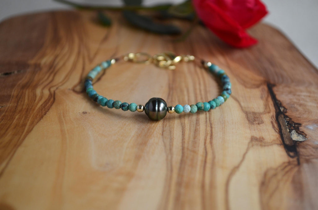 Tahitian Pearl Bracelet, Gold Filled Turquoise Beaded Jewelry
