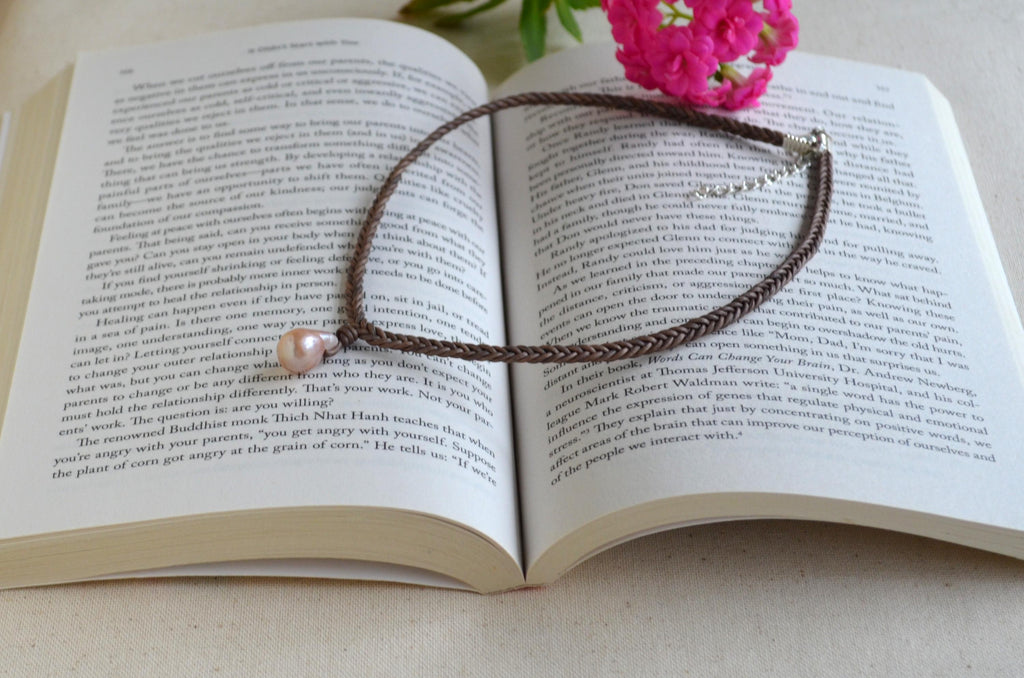 Edison Pearl Leather Necklace: Pink Mauve Baroque Pendant, Hand Braided Cord