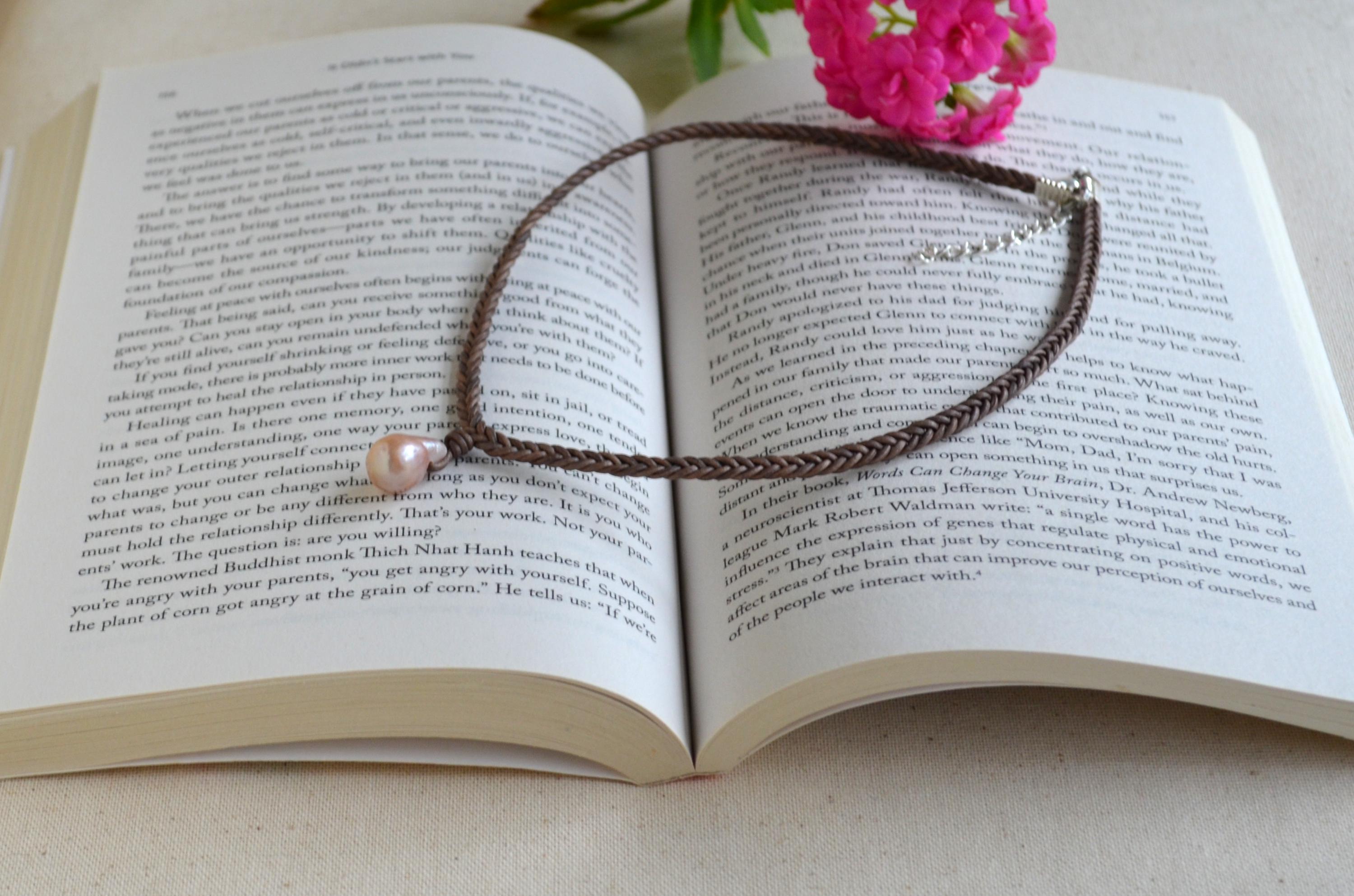 Edison Pearl Leather Necklace: Pink Mauve Baroque Pendant, Hand Braided Cord