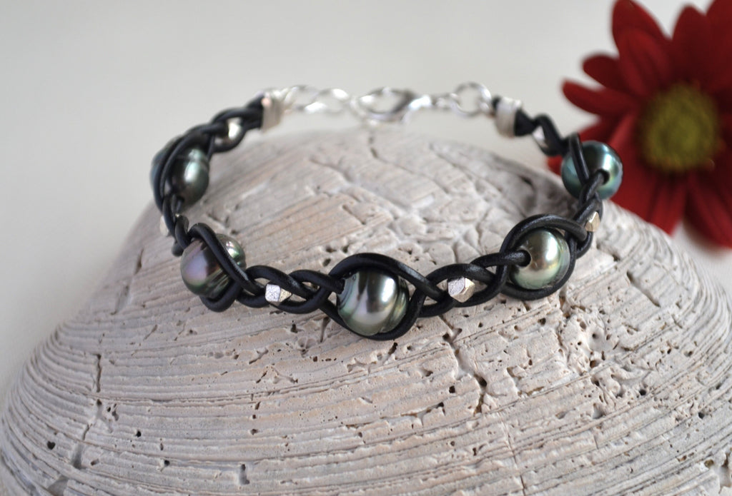 Tahitian Pearl Bracelet: Black Leather Boho Cuff