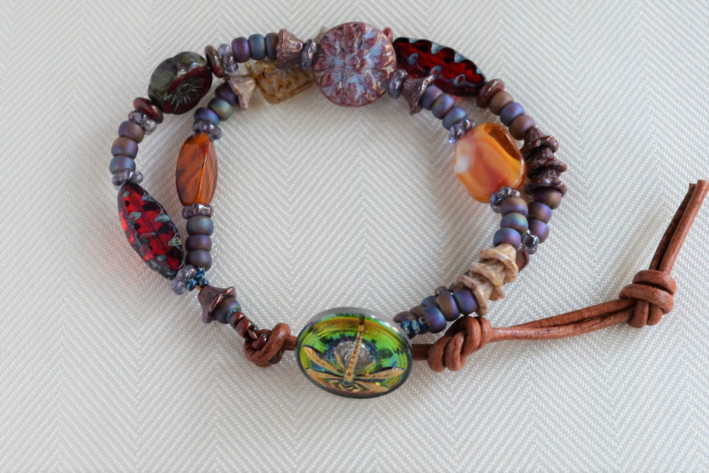 Boho Beaded Double Strand Bracelet: Czech Glass & Dragonfly Button