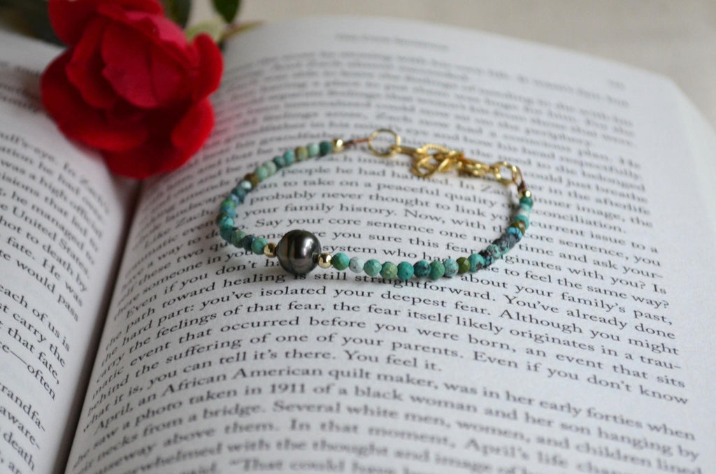 Tahitian Pearl Bracelet, Gold Filled Turquoise Beaded Jewelry