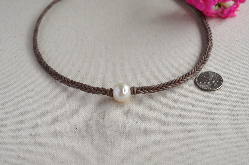 White Edison Pearl Necklace on Braided Leather | 12–13 mm Large Pearl