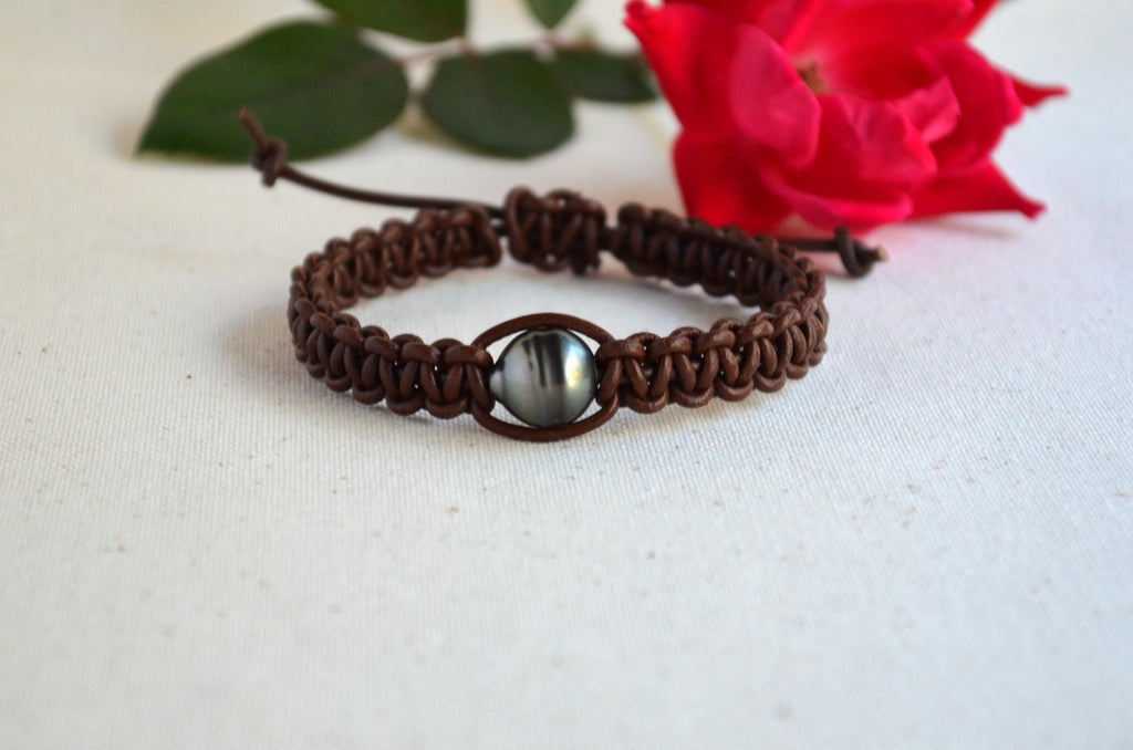 Adjustable Tahitian Pearl Bracelet: Greek Chocolate Brown Leather Bohemian Jewelry for Her