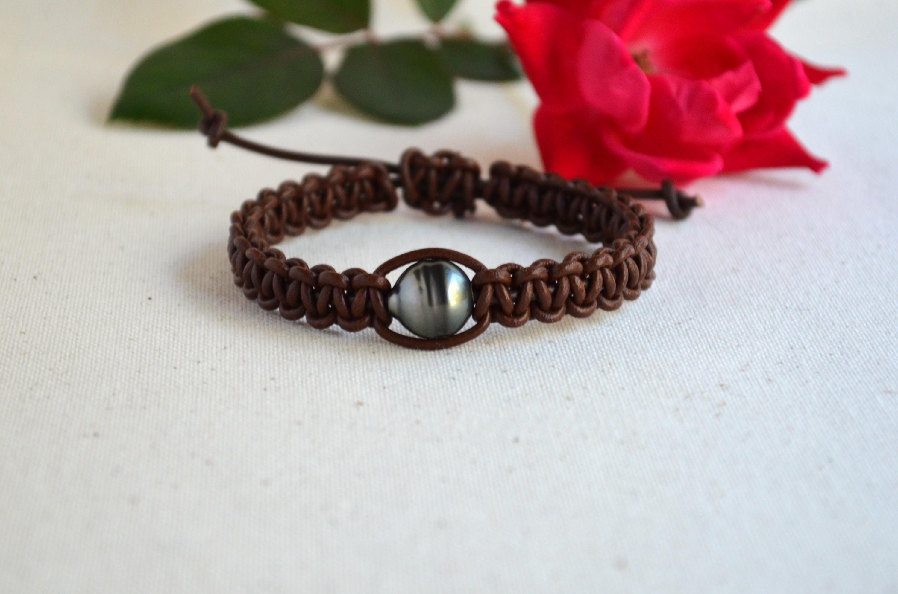 Adjustable Tahitian Pearl Bracelet: Greek Chocolate Brown Leather Bohemian Jewelry for Her