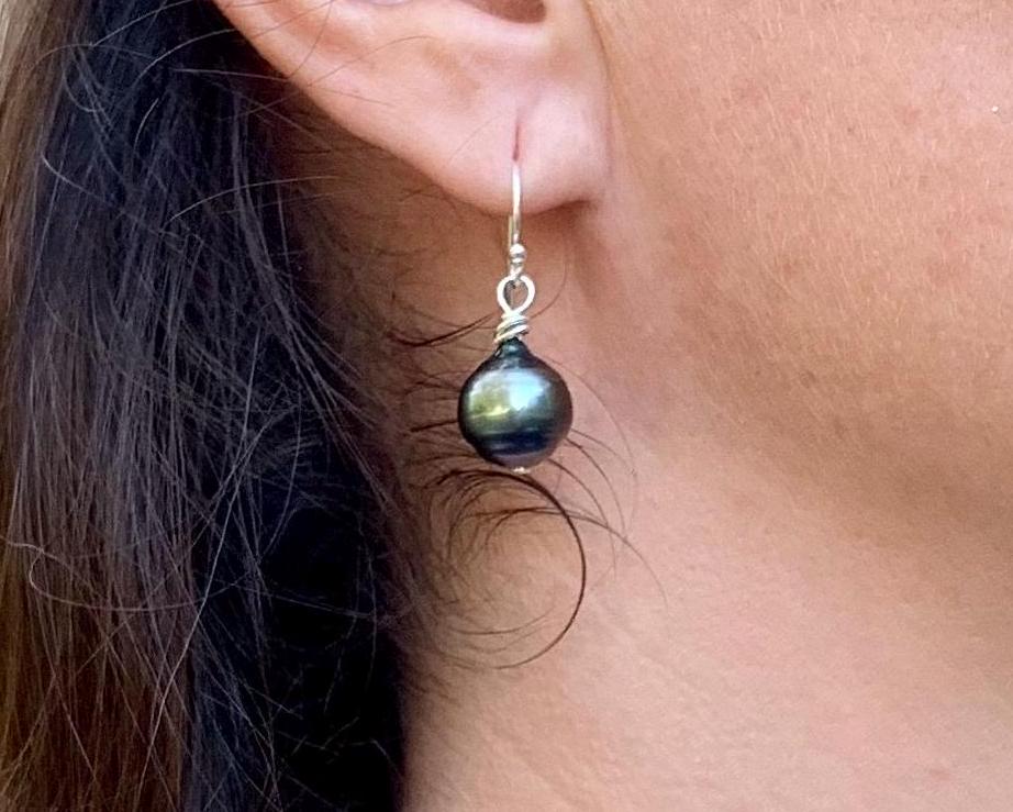 Tahitian Pearl Dangle Earrings: Sterling Silver, Handmade Jewelry