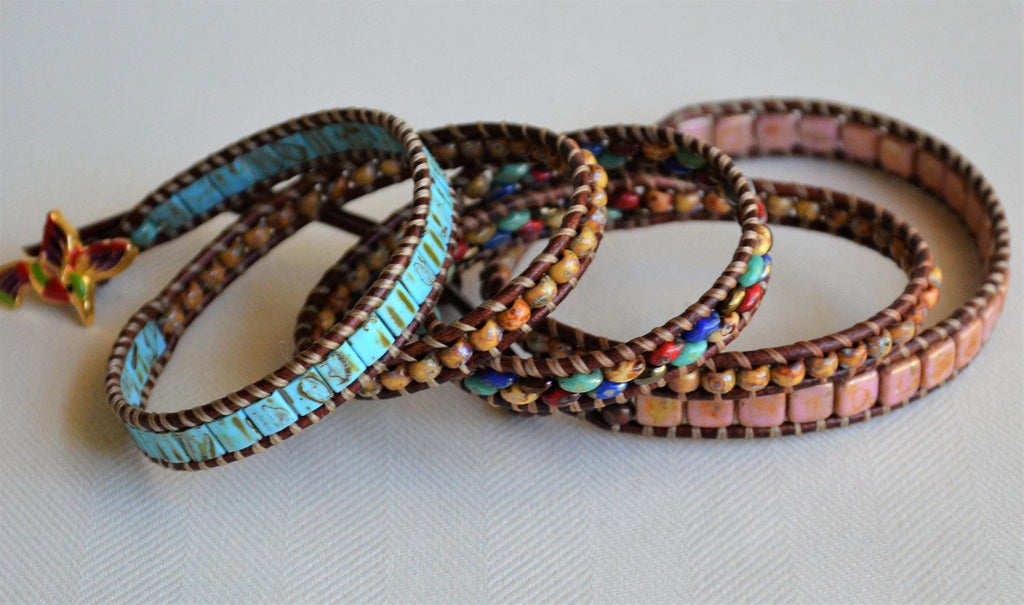 Hummingbird Leather Wrap Bracelet: Picasso Bead Boho Jewelry