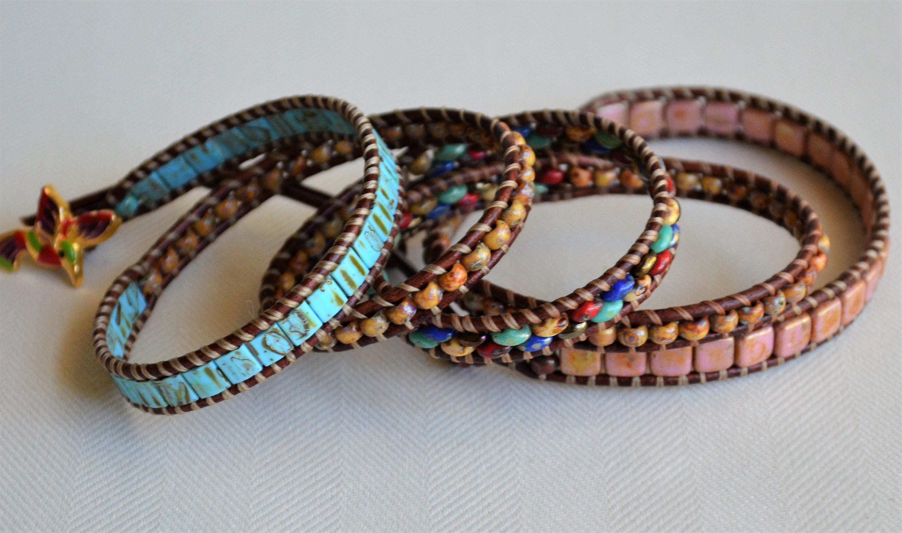 Hummingbird Leather Wrap Bracelet: Picasso Bead Boho Jewelry