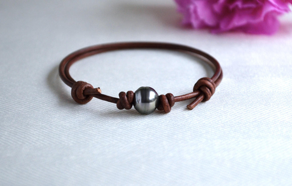Tahitian Pearl Bracelet: Light Brown Greek Leather, Adjustable