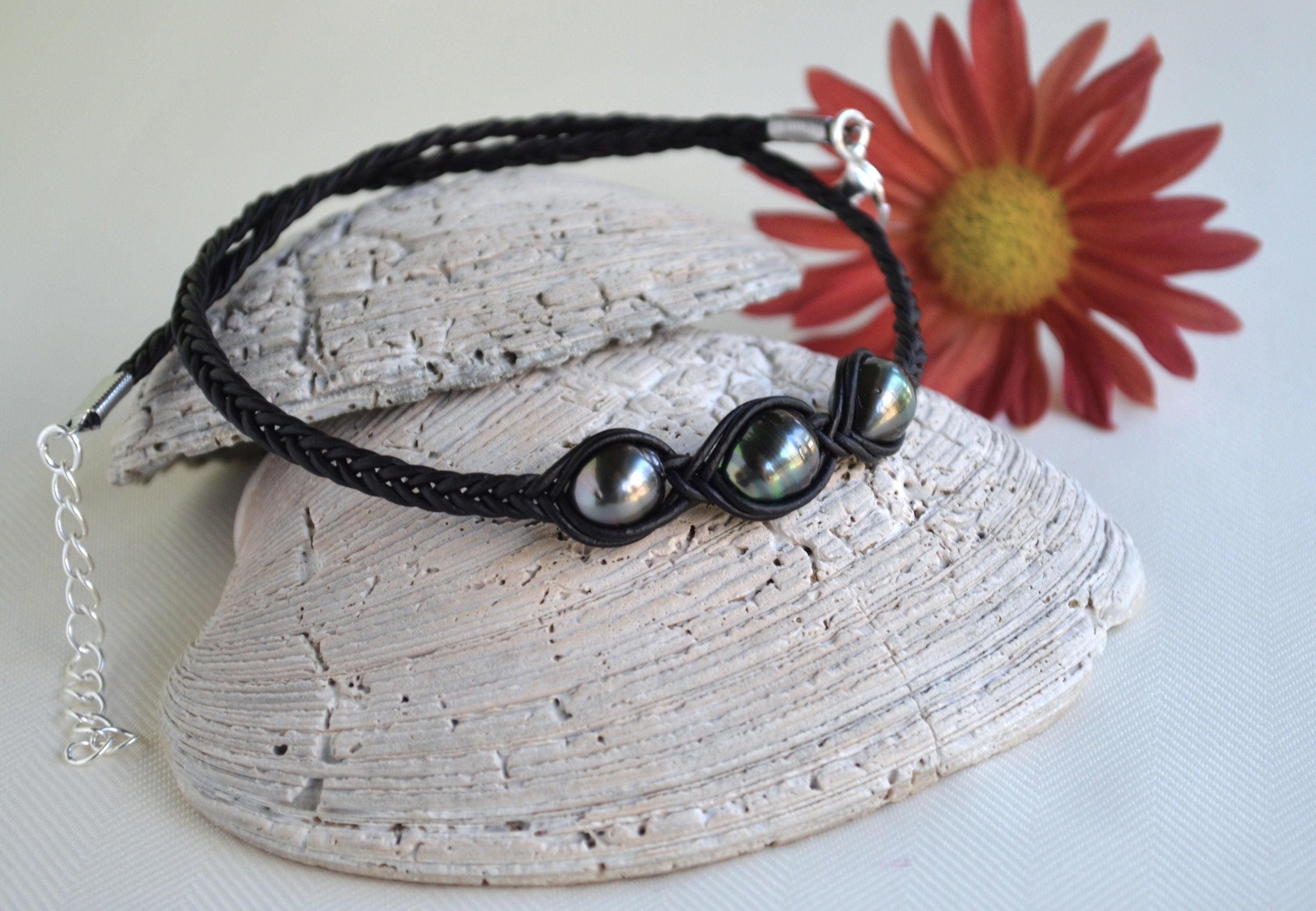 Tahitian Pearl Necklace: Three Stone Braided Black Leather Jewelry
