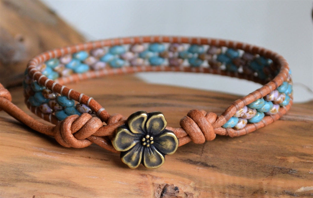 Beaded Leather Wrap Bracelet: Violet Turquoise Boho Jewelry