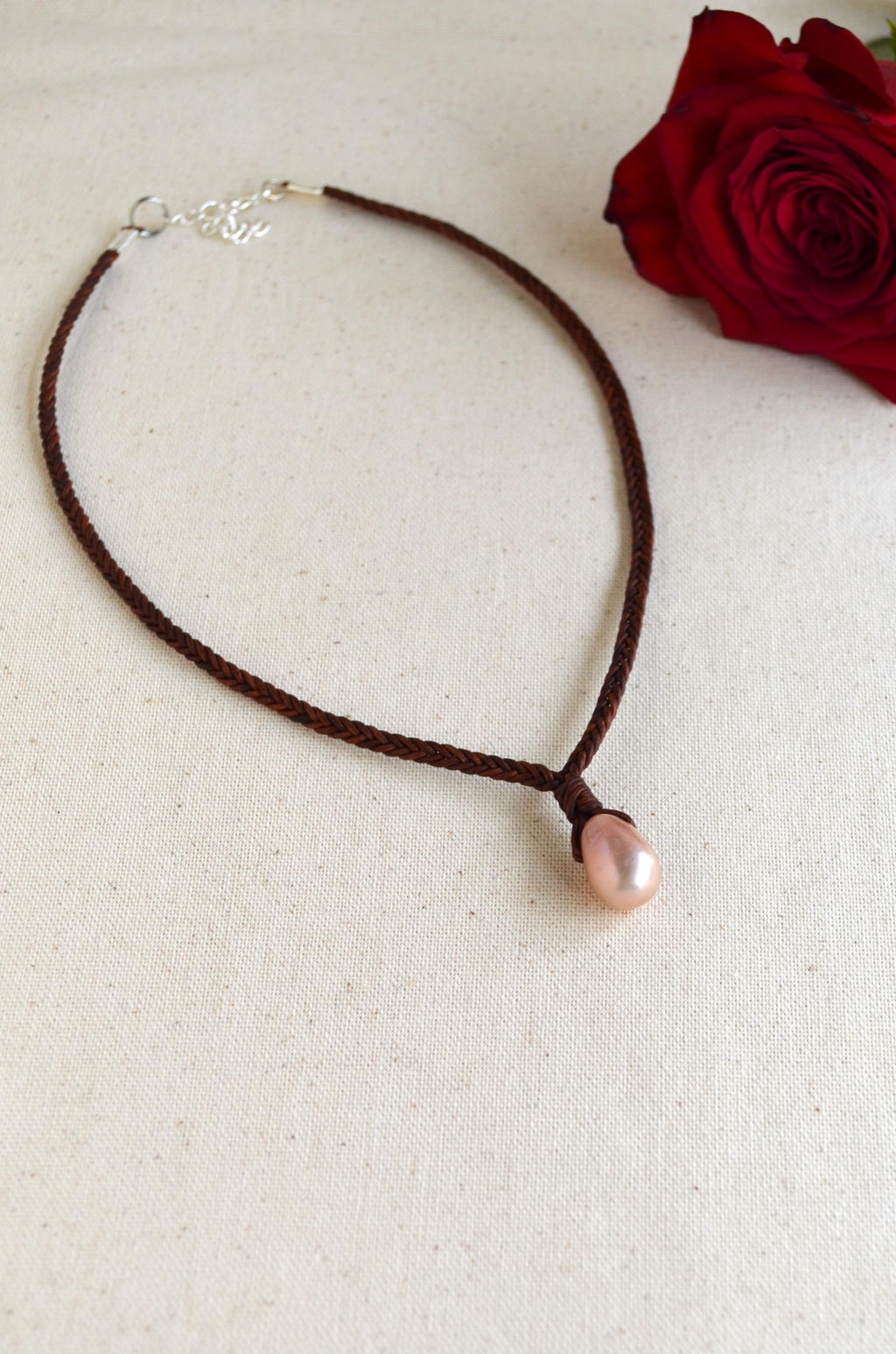 Large Edison Pearl Leather Necklace, Hand Braided Brown Leather Choker, Statement Piece