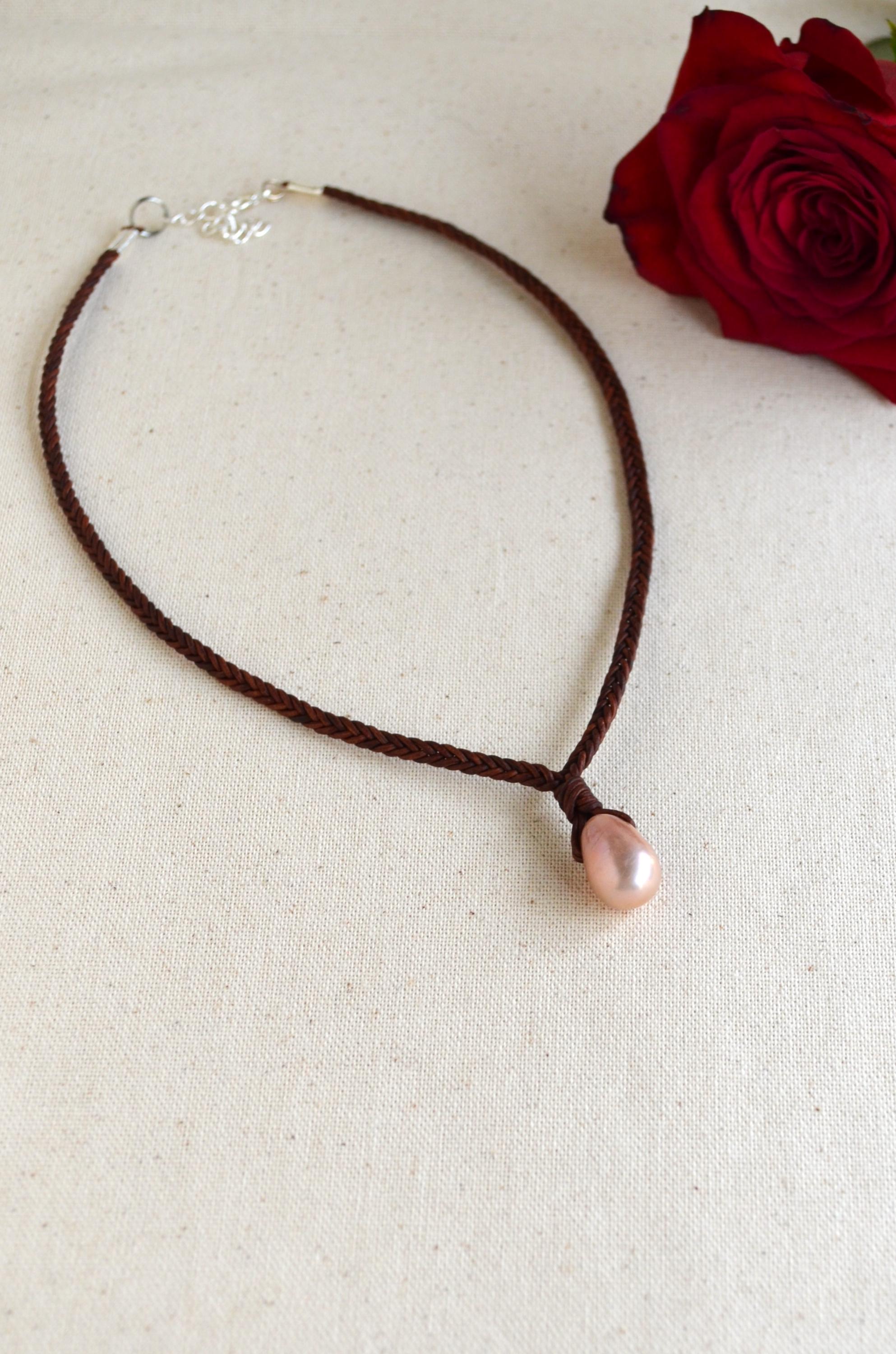 Large Edison Pearl Leather Necklace, Hand Braided Brown Leather Choker, Statement Piece