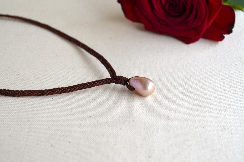 Large Edison Pearl Leather Necklace, Hand Braided Brown Leather Choker, Statement Piece