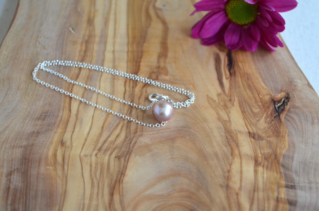 Mauve Pink Edison Pearl Necklace - Handmade Silver Pendant