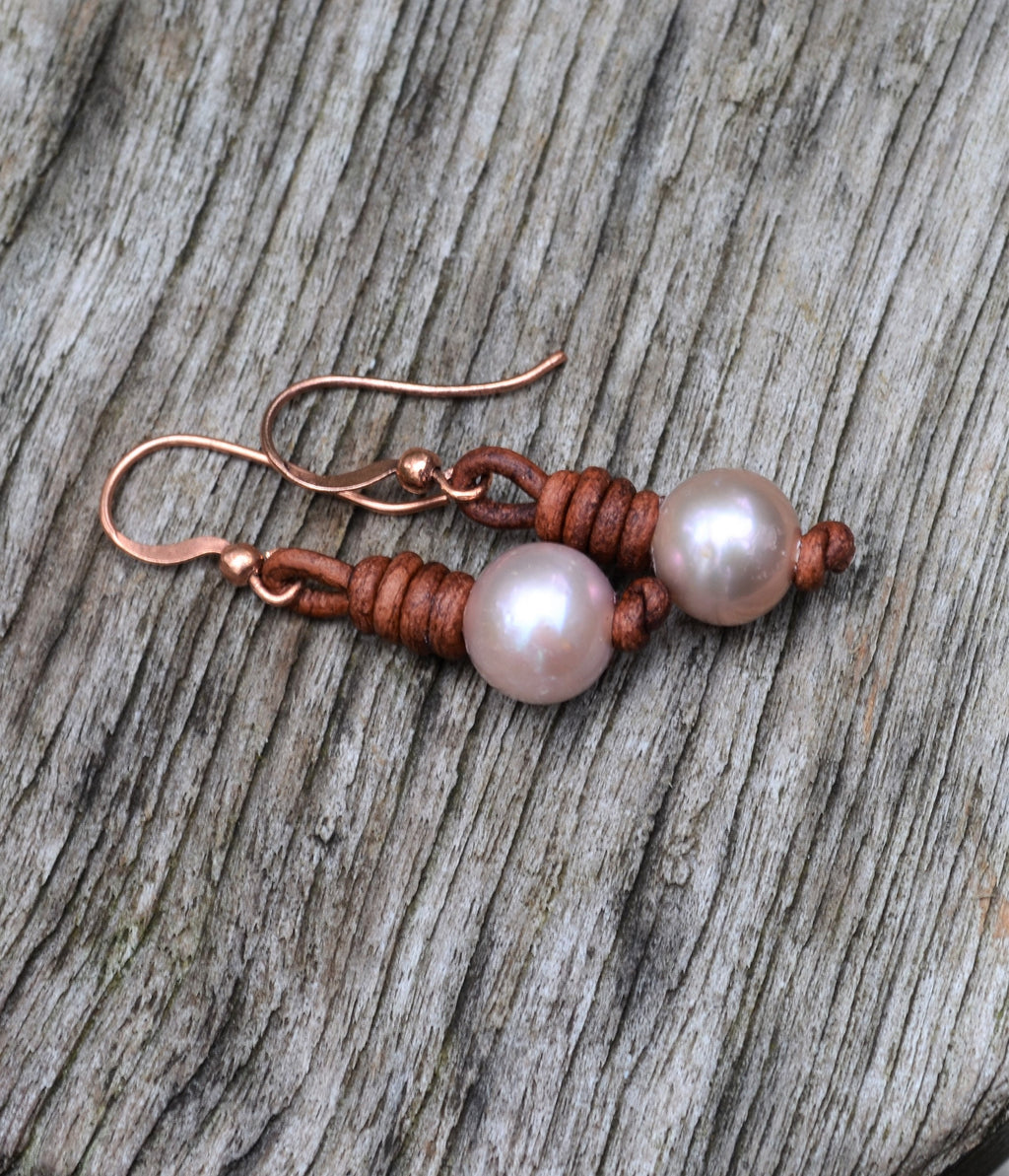 Pearl Leather Earrings: Freshwater Pearls, Boho Dangle Earrings