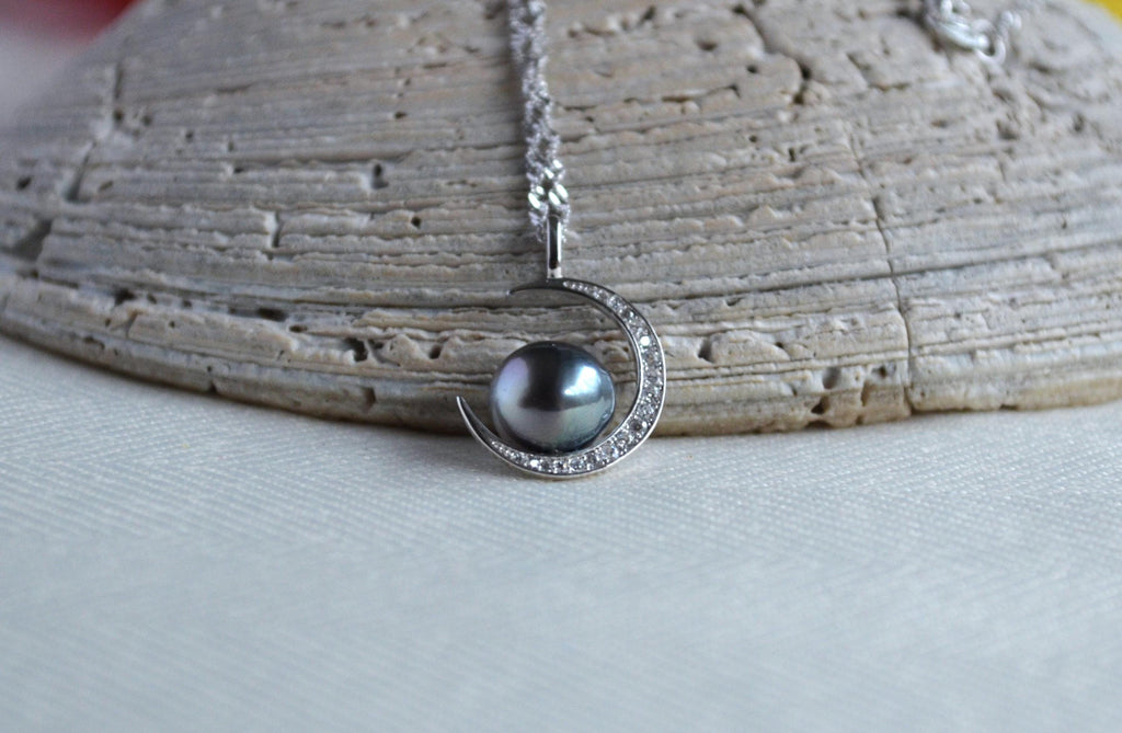 Tahitian Pearl Necklace: Sterling Silver Crescent Moon Pendant, CZ Accents