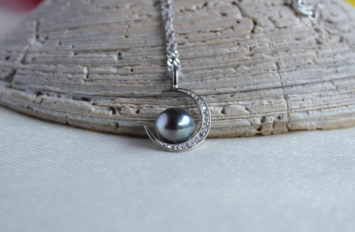 Tahitian Pearl Necklace: Sterling Silver Crescent Moon Pendant, CZ Accents