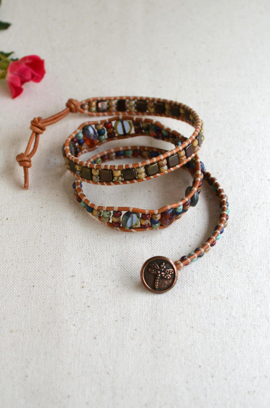 Dragonfly Beaded Leather Wrap Bracelet, Czech Glass Three Wrap