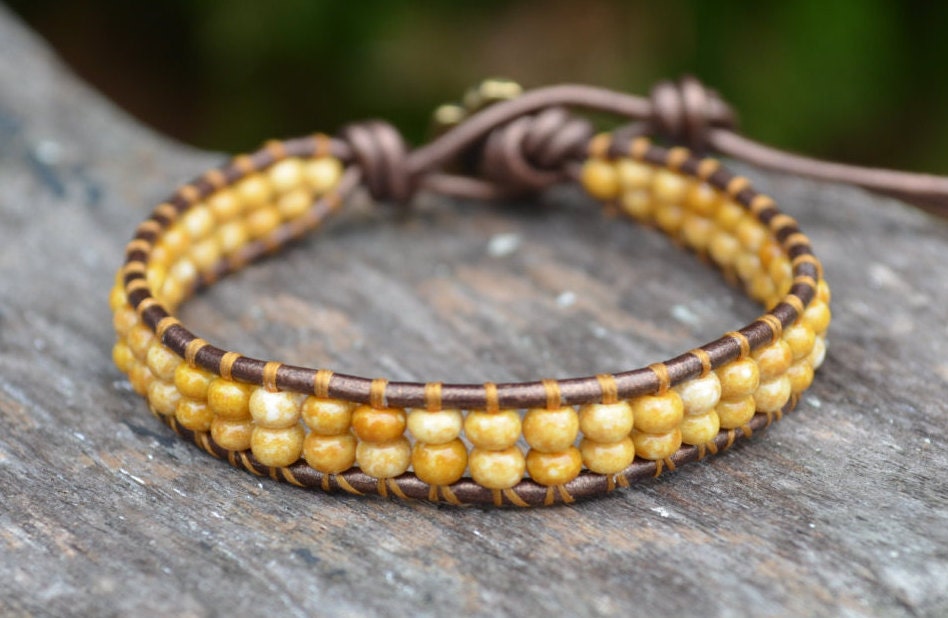 Handmade Leather Cuff Bracelet with Speckled Seed Beads, Gift for Her