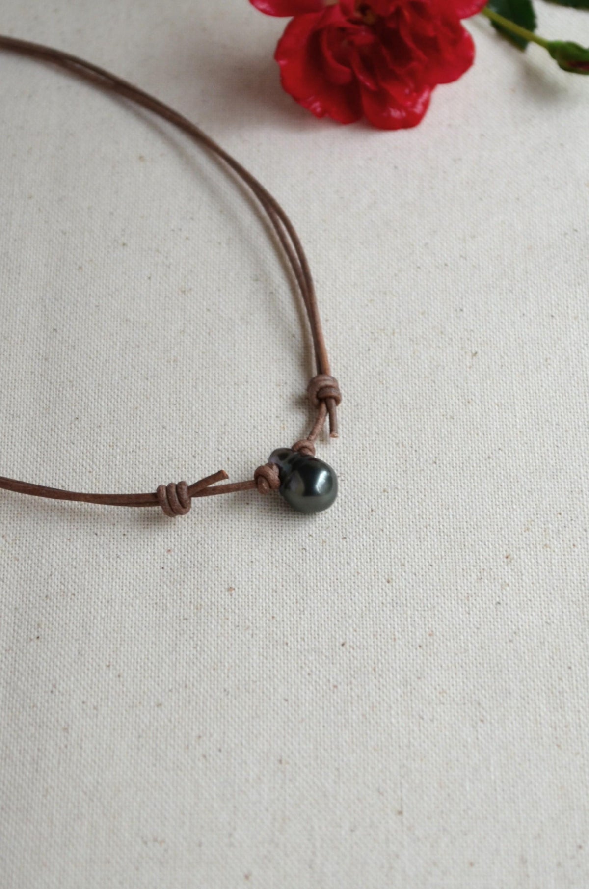 Tahitian Drop Pearl Necklace: Brown Grey Leather Adjustable Necklace