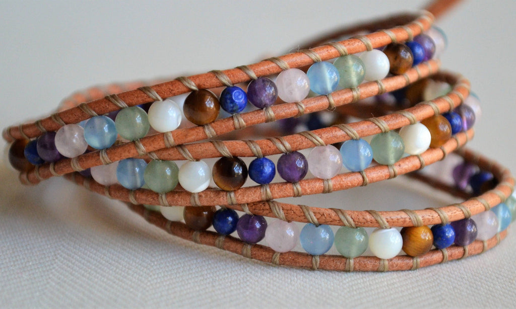 Multi-Gemstone Leather Wrap Bracelet: Boho Beaded Jewelry