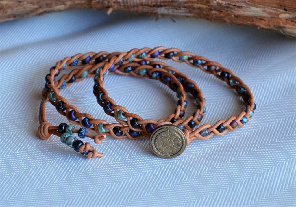 Braided Leather Wrap Bracelet: Picasso Beads, Boho Style