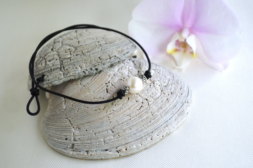 Large Pearl Leather Choker: Silver Plated Beads, Boho Jewelry