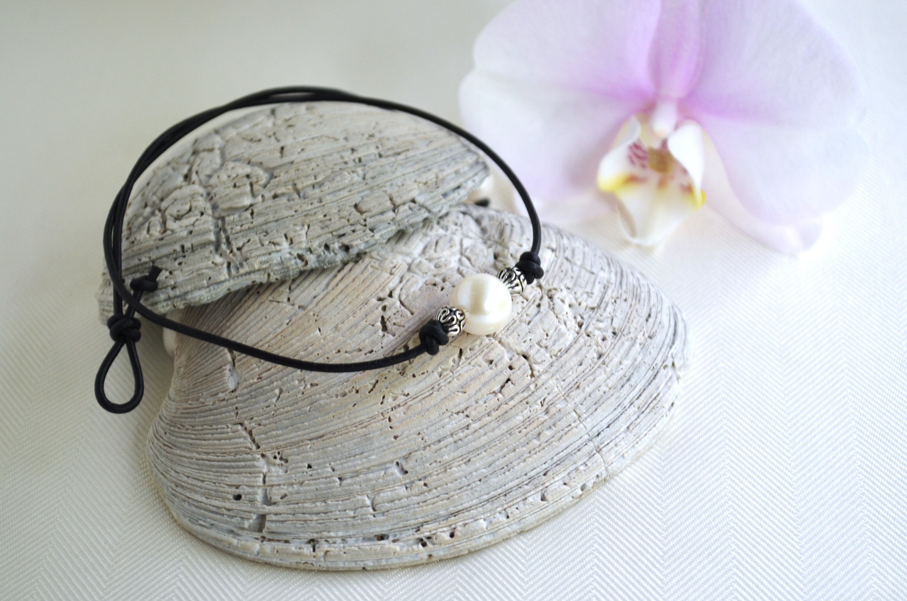 Large Pearl Leather Choker: Silver Plated Beads, Boho Jewelry