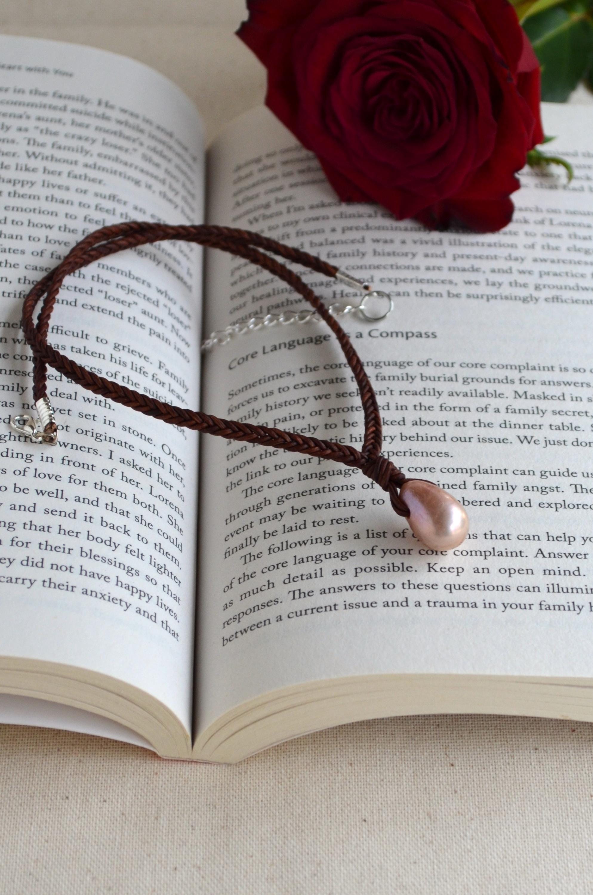 Large Edison Pearl Leather Necklace, Hand Braided Brown Leather Choker, Statement Piece