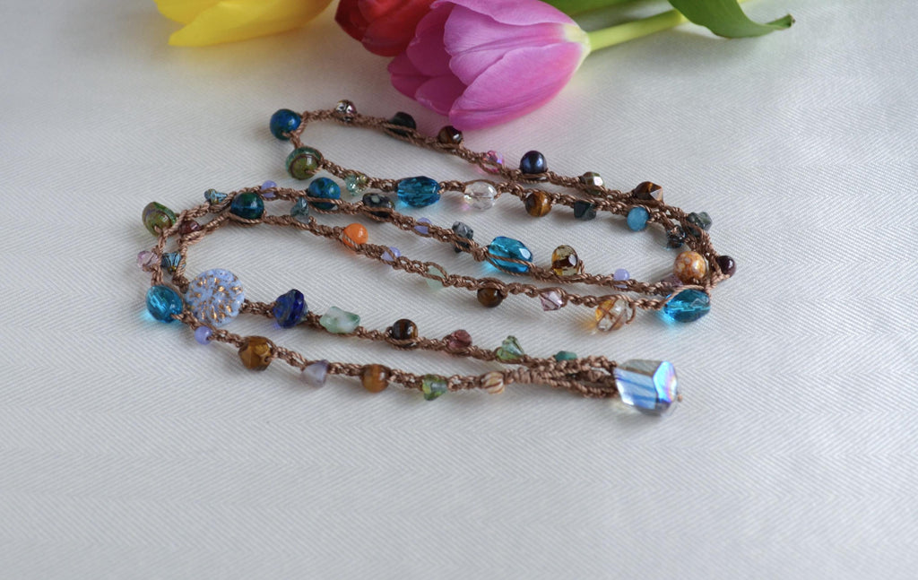 Crocheted Beaded Lariat Necklace - Multicolor Czech Beads, Artisan Boho Jewelry