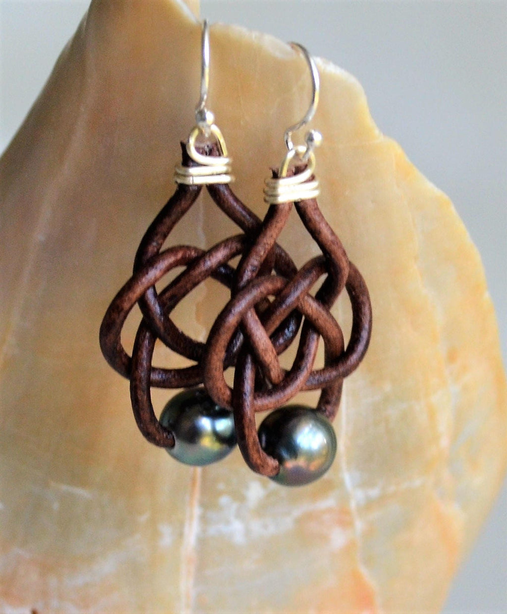 Tahitian Pearl Celtic Leather Knot Earrings with Sterling Silver Hooks