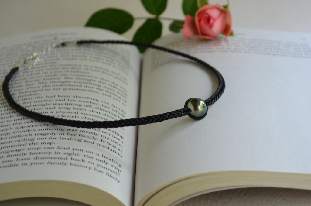 Tahitian Pearl Necklace, Braided Leather Cord, Minimalist Luxury Jewelry