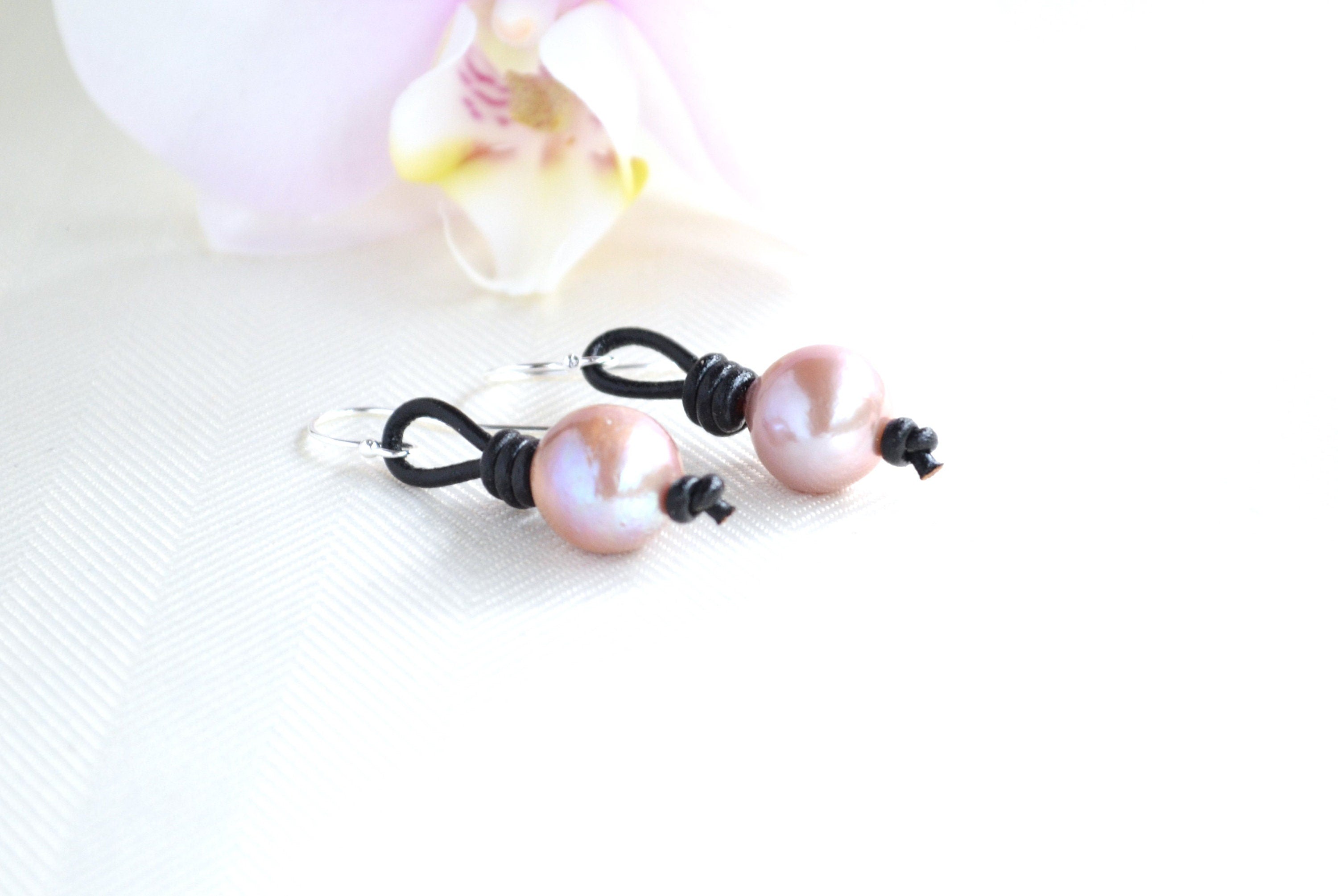 Edison Pearl Drop Earrings: Pink Freshwater Pearls, Sterling Silver & Leather